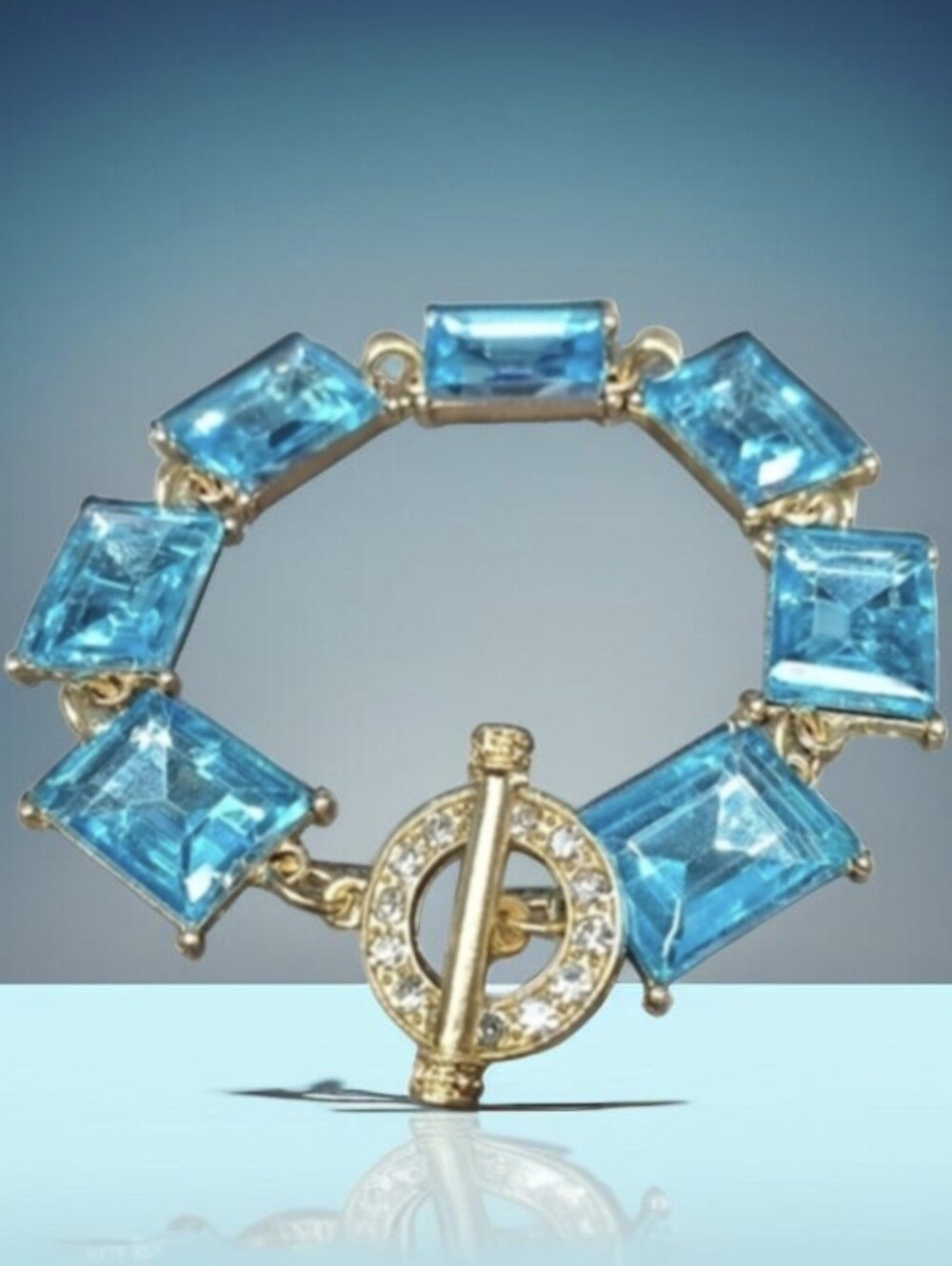 Chunky Gold Sparkling Blue Aquamarine Crystal Toggle Bracelet